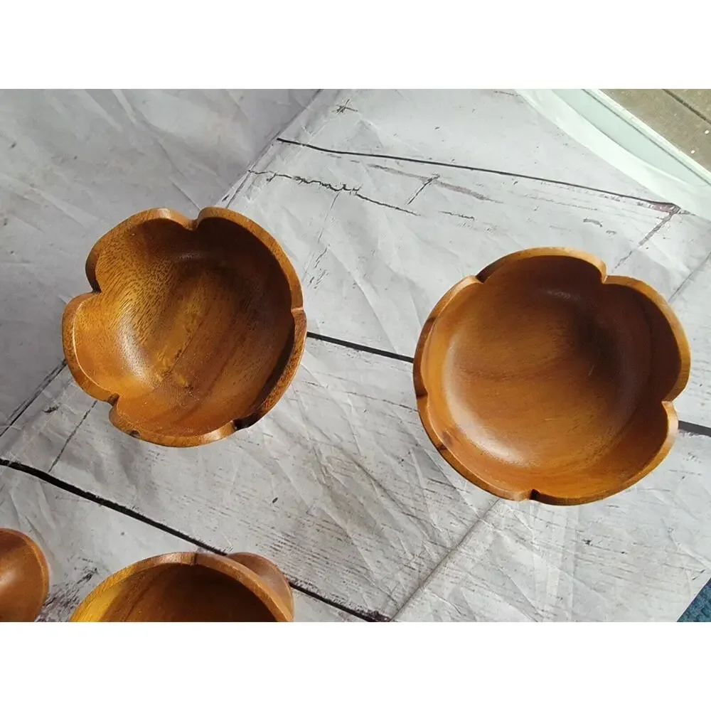 Set Of 5 Vintage Teakwood Pedestal Dessert Servers cups Boho Style Tropic Summer